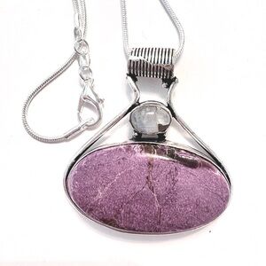 1 1/2 inch, 925 marked, Purpurite and Rainbow Moonstone pendant on silver chain.